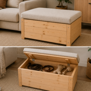 Drewniana pufa-legowisko dla psa ze schowkiem 70 × 50 × 38 cm
