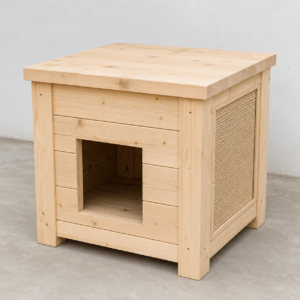 Drewniany domek dla kota z bocznym panelem do drapania 60 × 45 × 60 cm