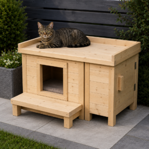 Drewniany domek dla kota ze stopniem i schowkiem 75 × 45 × 65 cm